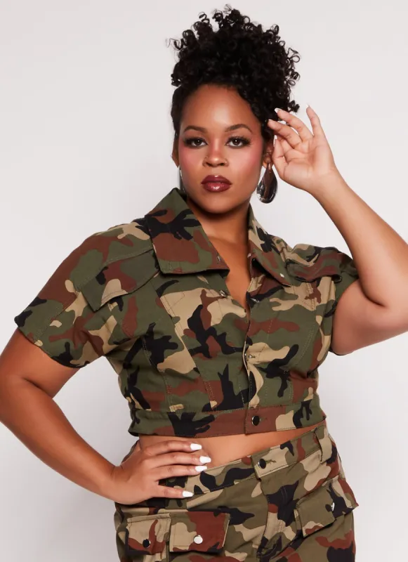 Plus Size Camouflage Short Sleeve Cropped Jacket sold by Rainbow