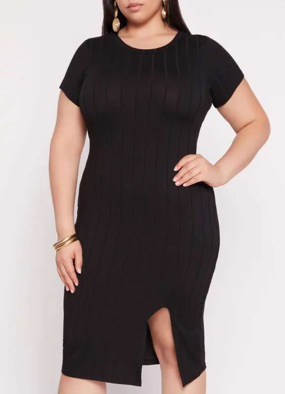 Plus Size Ribbed Knit Side Slit T Shirt Dress sold by Rainbow