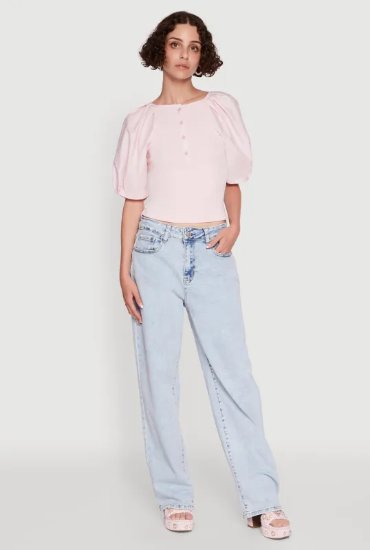 Rib Knit Puff Sleeve Henley Top sold by Rainbow