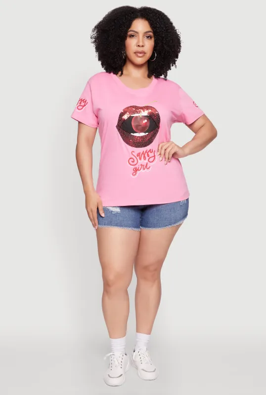 Plus Size Sequin Cherry Lip Sassy Girl Graphic Tee sold by Rainbow