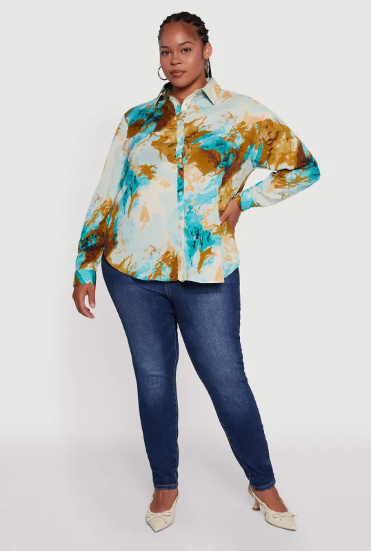 Plus Size Marble Print High Low Button Front Shirt sold by Rainbow