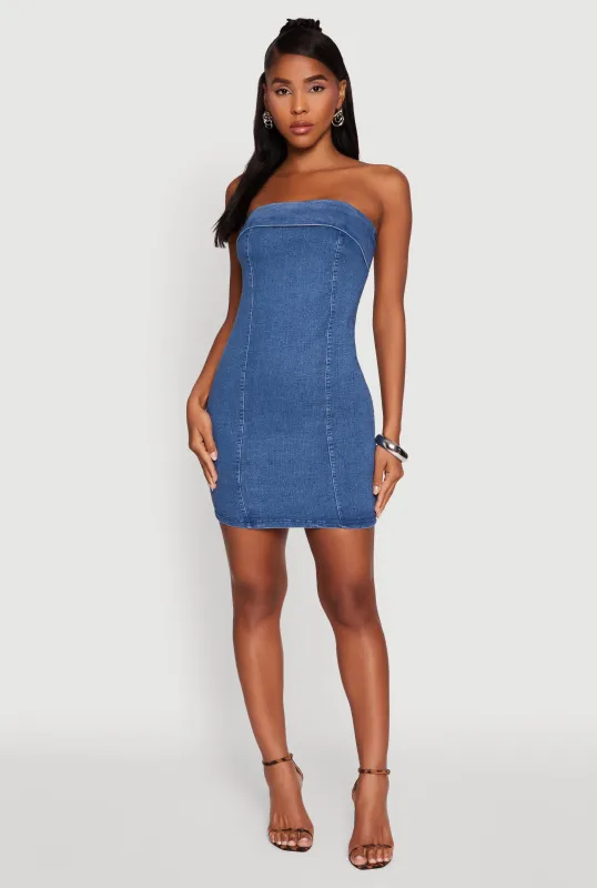 Haute Monde Denim Fold Over Zip Back Tube Dress sold by Rainbow