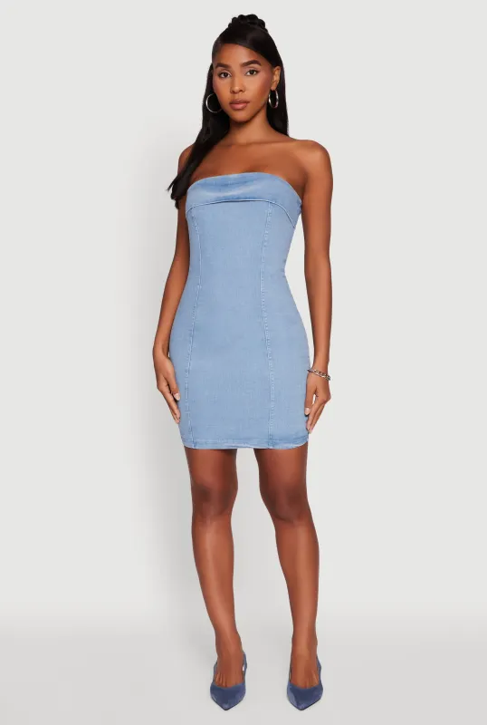 Haute Monde Denim Fold Over Zip Back Tube Dress sold by Rainbow