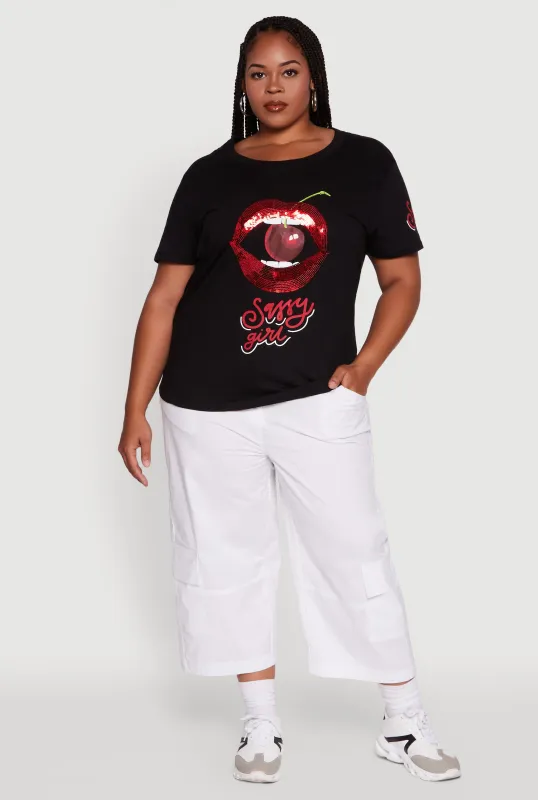 Plus Size Sequin Cherry Lip Sassy Girl Graphic Tee sold by Rainbow