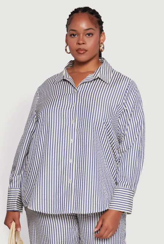 Plus Size Striped Long Sleeve Button Front Shirt sold by Rainbow