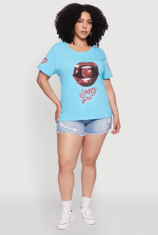 Plus Size Sequin Cherry Lip Sassy Girl Graphic Tee sold by Rainbow
