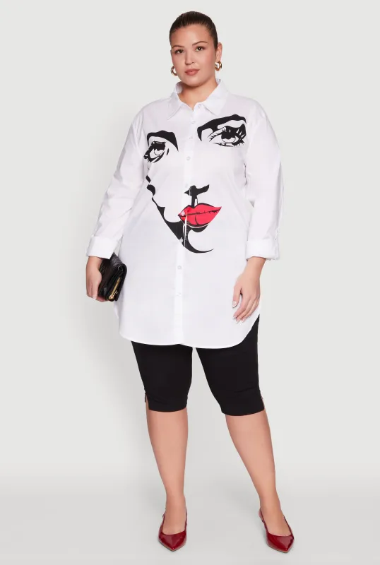 Plus Size Long Sleeve Tunic Shirt with Face Print sold by Rainbow