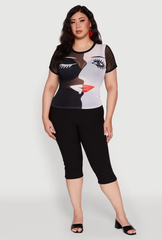 Plus Size Mesh Color Blocked Face Print Top sold by Rainbow