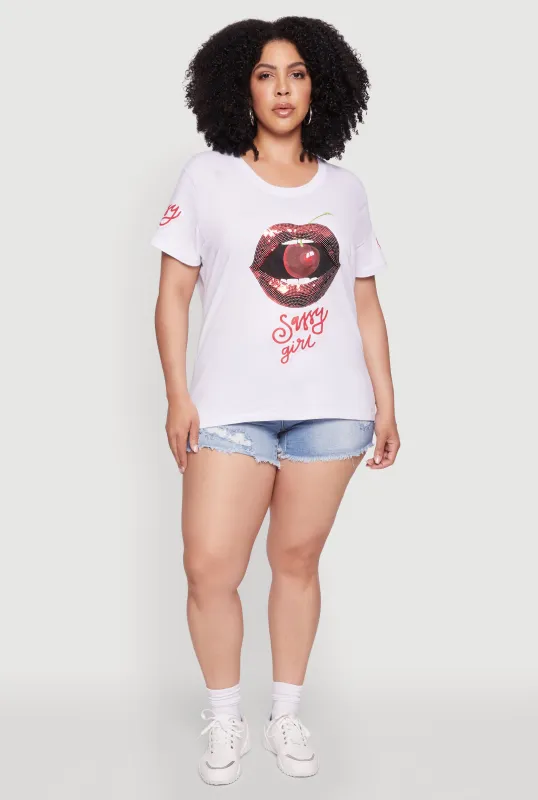 Plus Size Sequin Cherry Lip Sassy Girl Graphic Tee sold by Rainbow