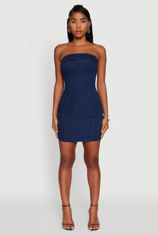 Haute Monde Denim Fold Over Zip Back Tube Dress sold by Rainbow