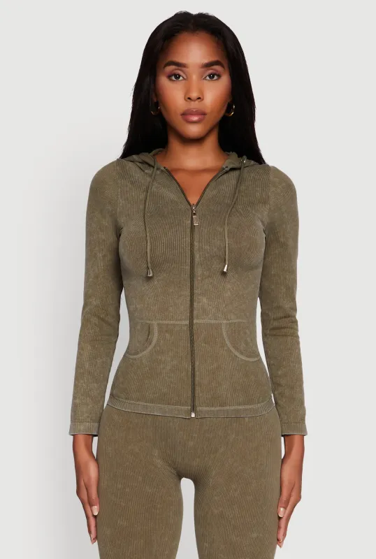 Seamless Acid Wash Zip Front Hooded Sweatshirt sold by Rainbow