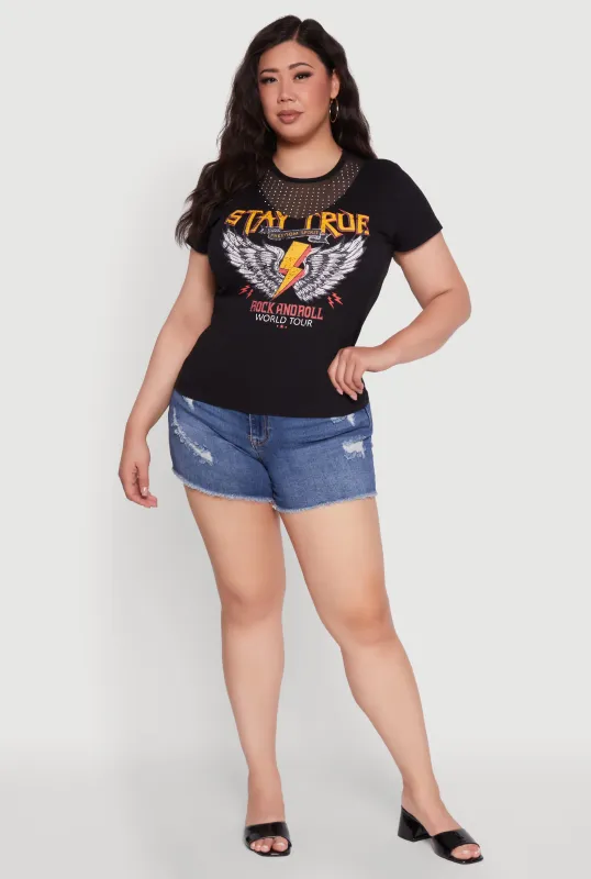 Plus Size Rock And Roll Graphic Mesh Detail T-Shirt sold by Rainbow