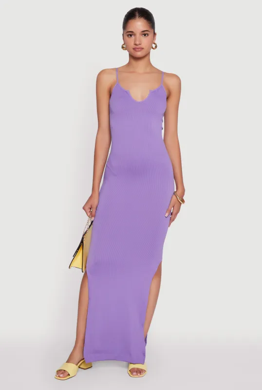 Ribbed Knit Sleeveless Notch Neck Maxi Dress sold by Rainbow