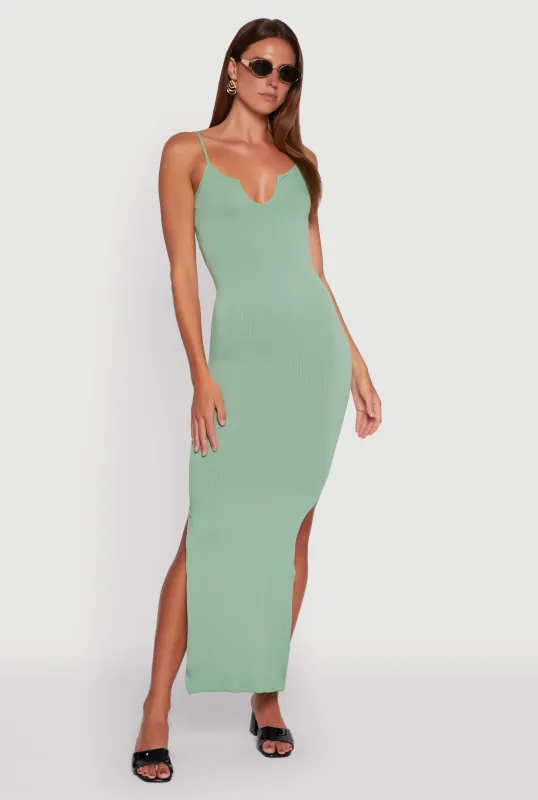 Ribbed Knit Sleeveless Notch Neck Maxi Dress sold by Rainbow