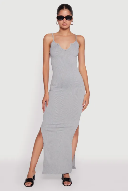 Ribbed Knit Sleeveless Notch Neck Maxi Dress sold by Rainbow