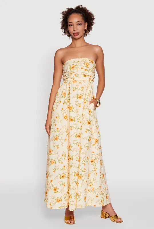 Floral Strapless Pleated Maxi Dress with Pockets sold by Rainbow
