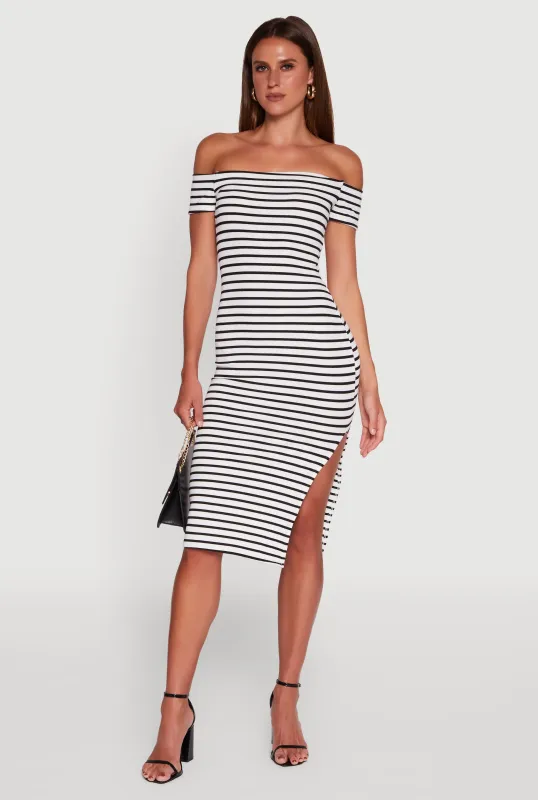 Ribbed Knit Side Slit Striped Midi Dress sold by Rainbow