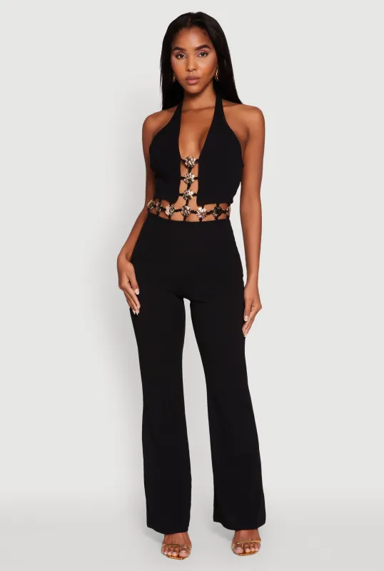 Metallic Detail Plunge Tie Back Halter Jumpsuit sold by Rainbow