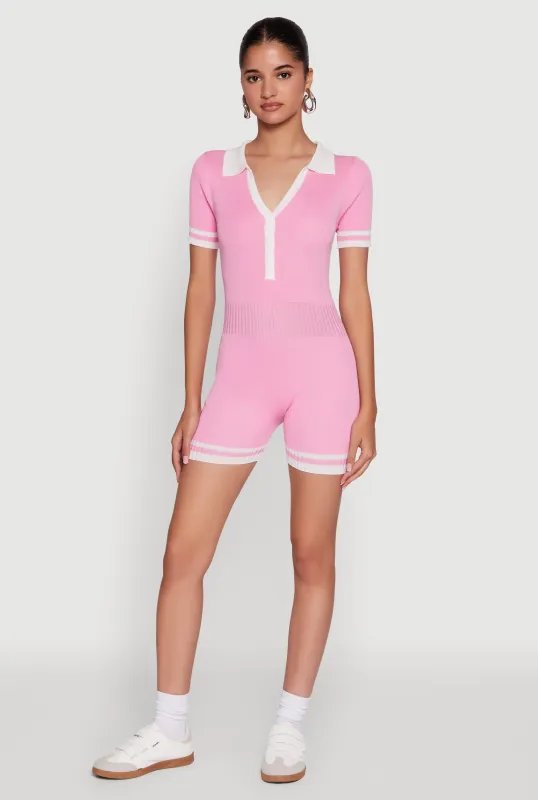 Daisy Ribbed Knit Varsity Stripe Button Front Romper sold by Rainbow