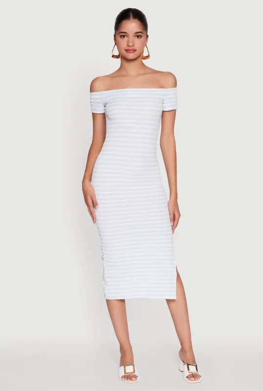 Ribbed Knit Side Slit Striped Midi Dress sold by Rainbow