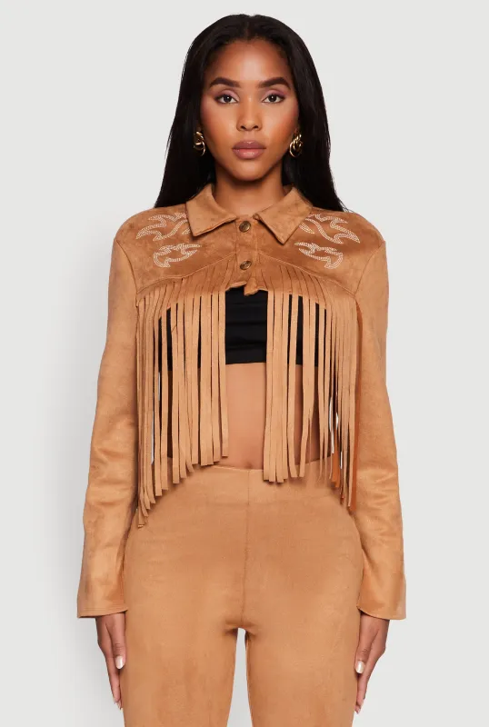 Trendy Faux Suede Fringe Cropped Jacket sold by Rainbow