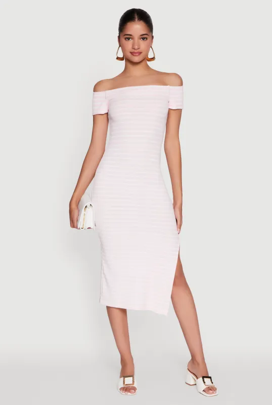 Ribbed Knit Side Slit Striped Midi Dress sold by Rainbow