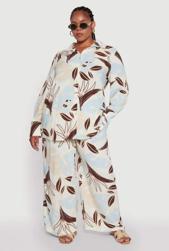 Plus Size High Waisted Leaf Print Palazzo Pants sold by Rainbow