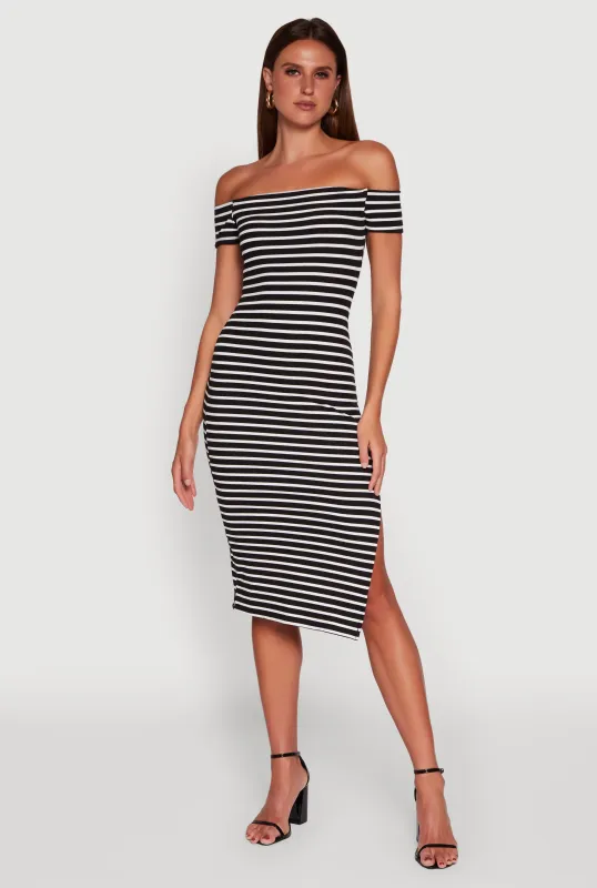 Ribbed Knit Side Slit Striped Midi Dress sold by Rainbow