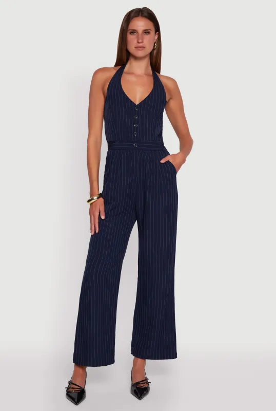 Pinstripe Button Front Halter Jumpsuit sold by Rainbow