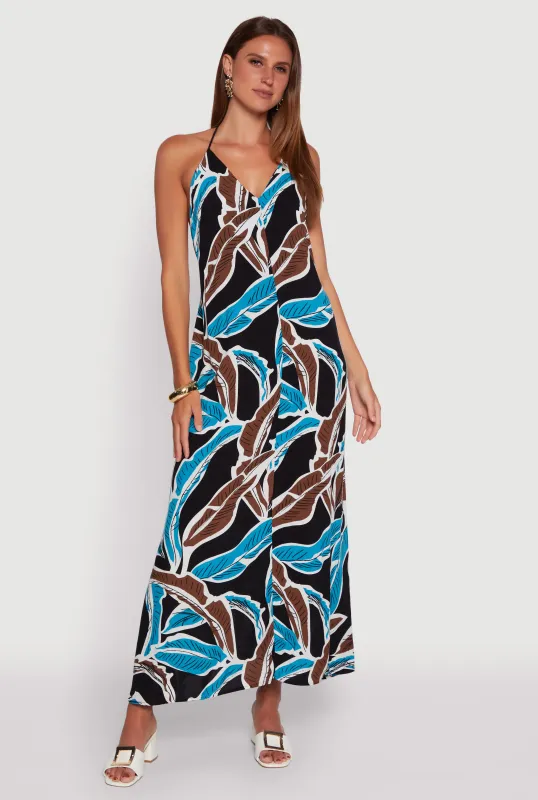 Tropical Leaf Print Rope Strap Halter Maxi Dress sold by Rainbow