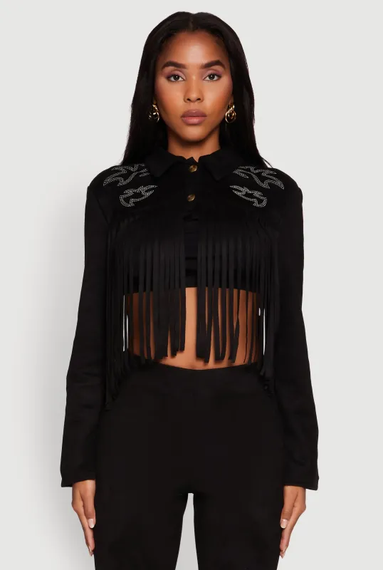Trendy Faux Suede Fringe Cropped Jacket sold by Rainbow