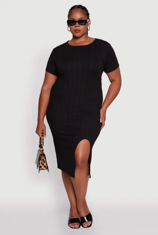 Plus Size Ribbed Knit Crew Neck Midi Dress with Side Slit sold by Rainbow