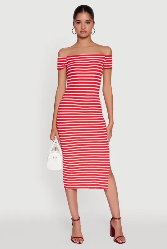 Ribbed Knit Side Slit Striped Midi Dress sold by Rainbow