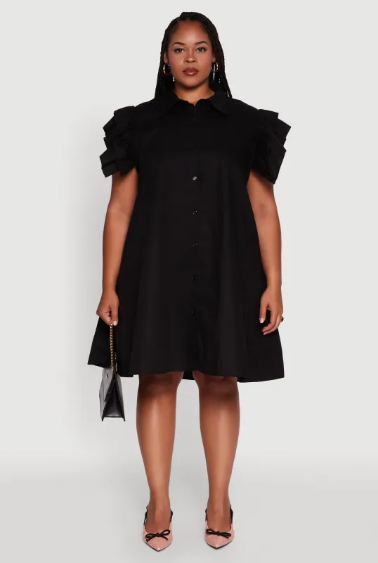 Plus Size Poplin Flutter Sleeve Button Front Shirt Dress sold by Rainbow