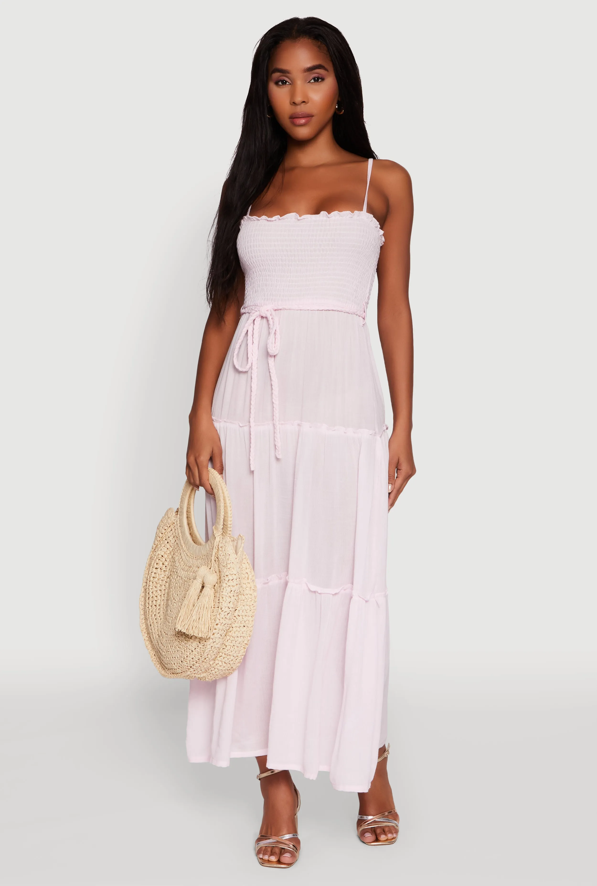 Tiered A-Line Maxi Dress with Tie Waist Belt sold by Rainbow