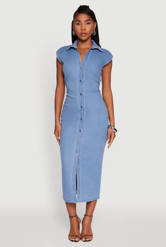 Haute Monde Button Front Cap Sleeve Denim Maxi Dress sold by Rainbow