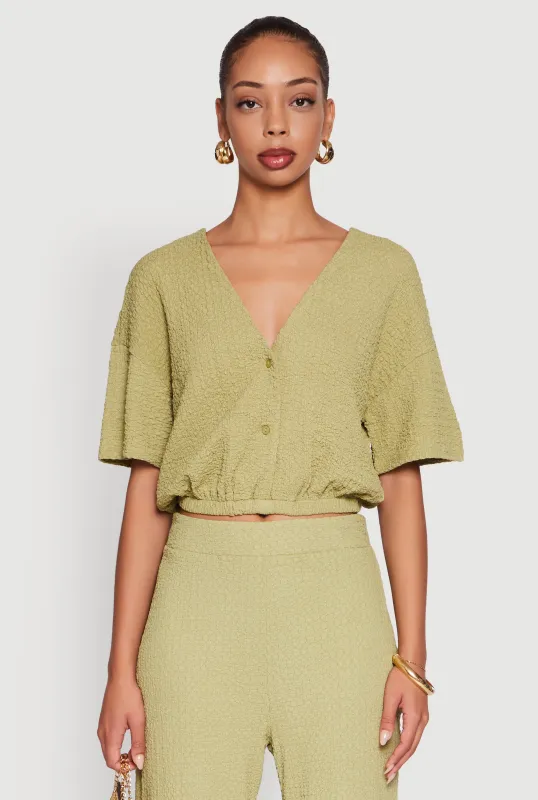 Trendy Textured Knit Button Front V-Neck Blouse sold by Rainbow