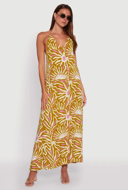 Sun Print Caged Low Back Rope Halter Maxi Dress sold by Rainbow