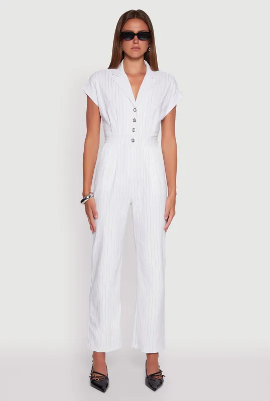 Trendy Pinstripe Button Front Pleated Jumpsuit sold by Rainbow
