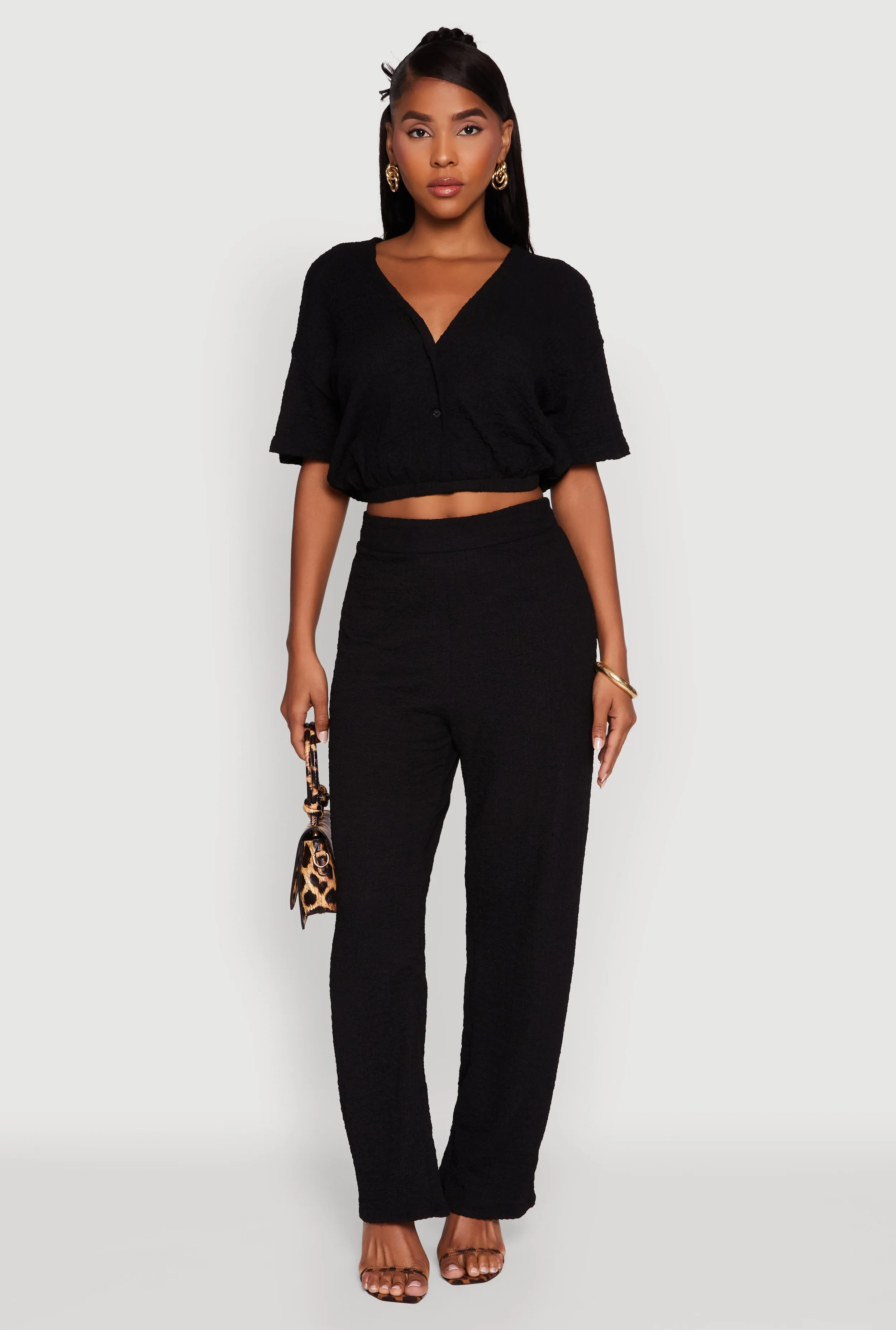 Trendy Textured Knit Button Front V-Neck Blouse sold by Rainbow product image thumbnail 2