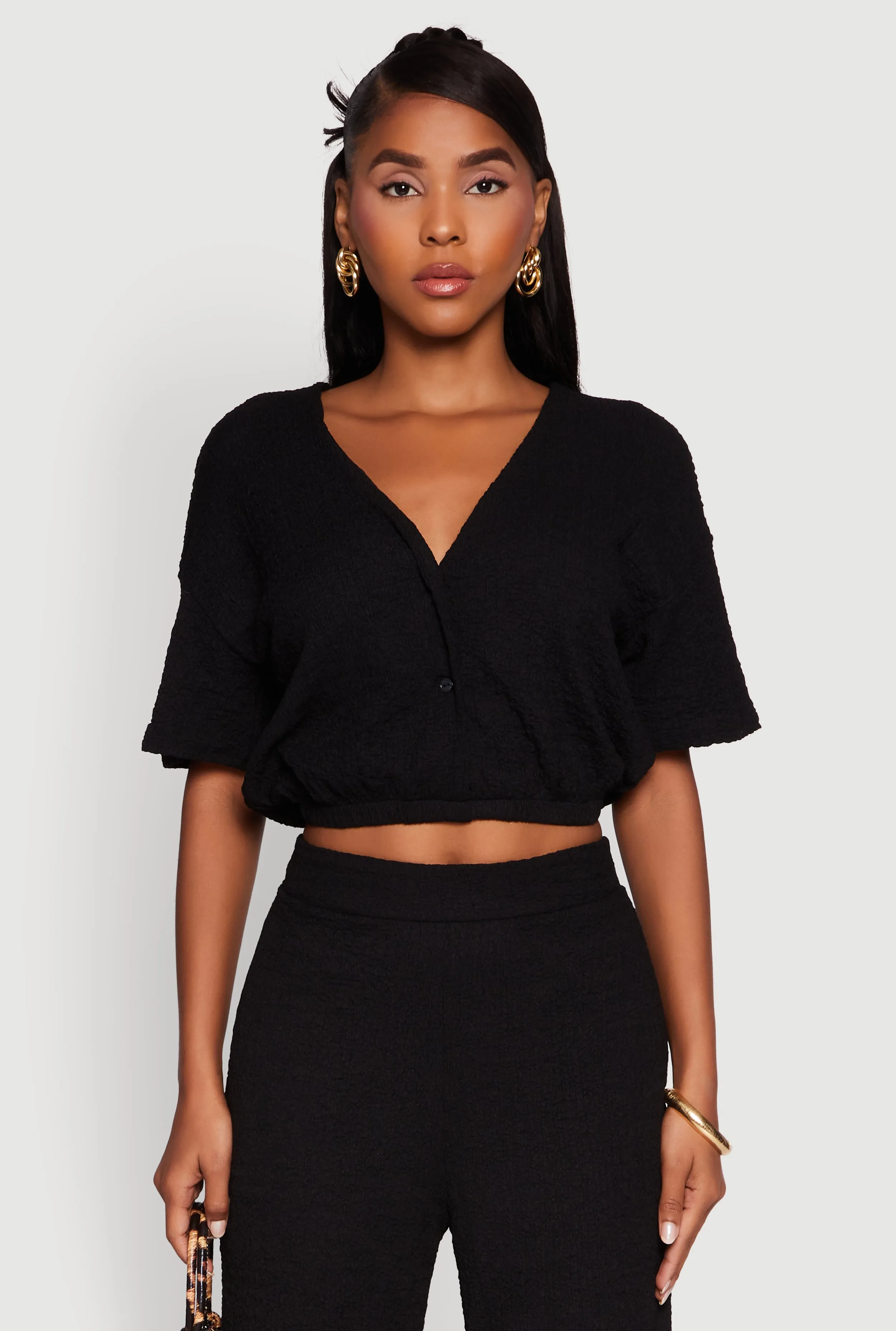 Trendy Textured Knit Button Front V-Neck Blouse sold by Rainbow