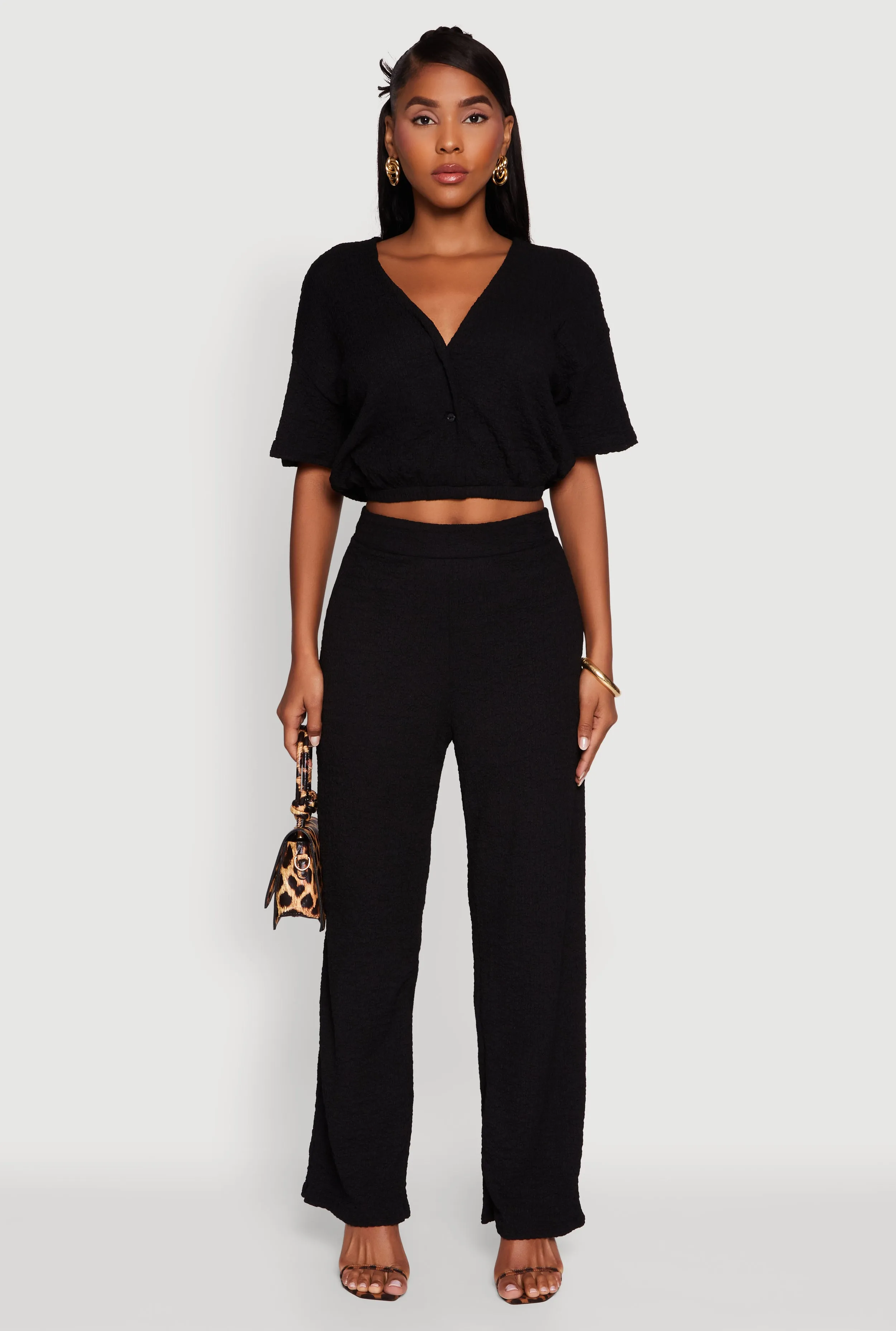 Trendy Textured Knit Button Front V-Neck Blouse sold by Rainbow product image thumbnail 3