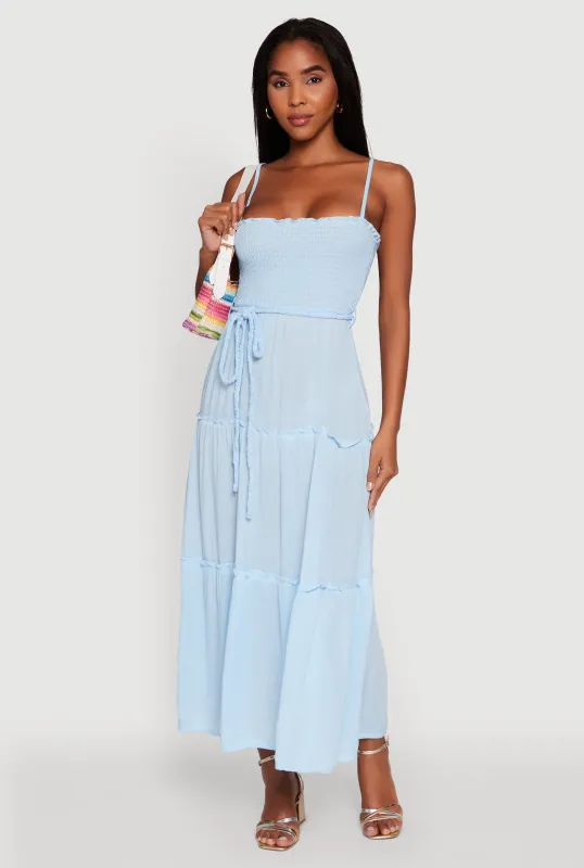 Tiered A-Line Maxi Dress with Tie Waist Belt sold by Rainbow