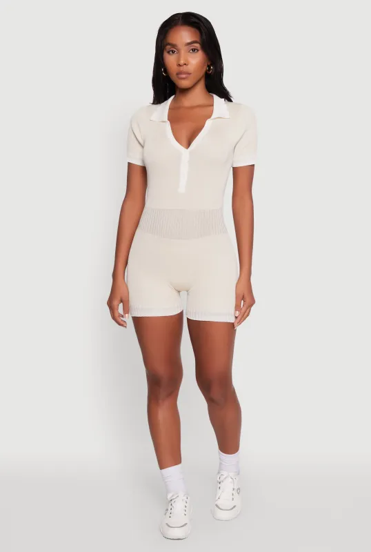 Daisy Ribbed Knit Varsity Stripe Button Front Romper sold by Rainbow