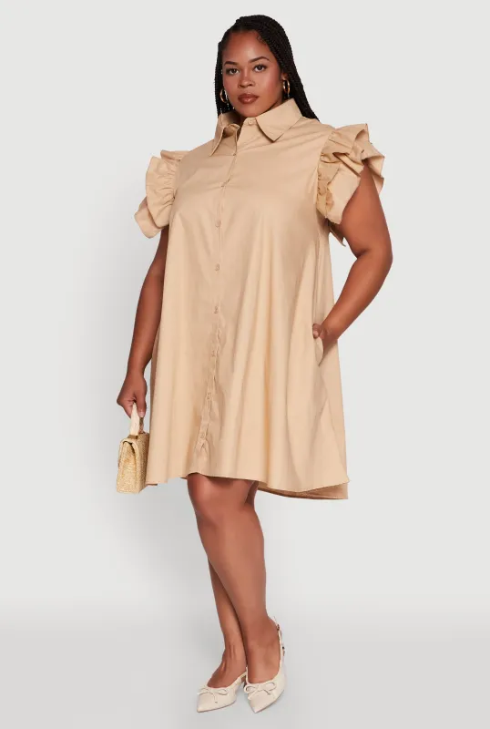 Plus Size Poplin Flutter Sleeve Button Front Shirt Dress sold by Rainbow