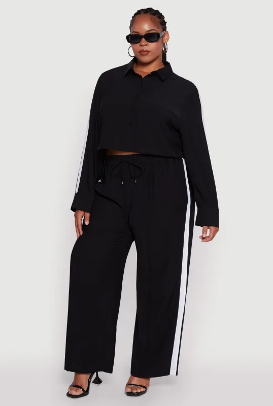 Plus Size Crepe Knit Pintuck Pants with Side Stripe sold by Rainbow