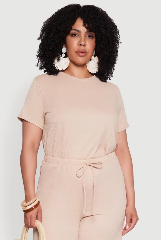 Plus Size Textured Knit Solid Crew Neck Blouse sold by Rainbow