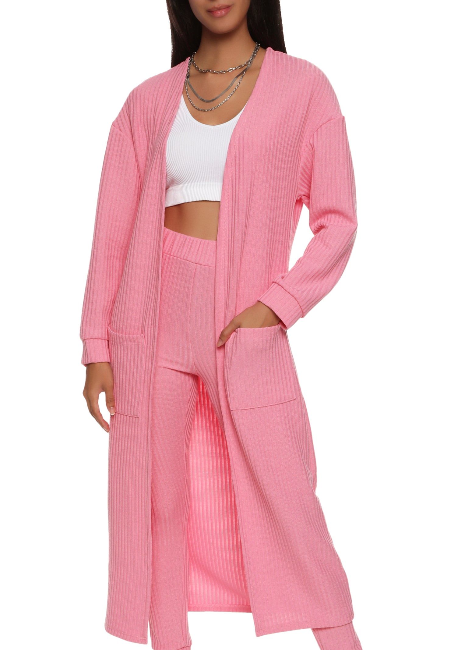 Ribbed Knit Open Front Long Cardigan sold by Rainbow