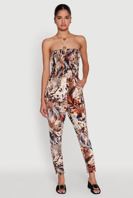 Strapless Animal Leaf Print Smocked Jumpsuit sold by Rainbow
