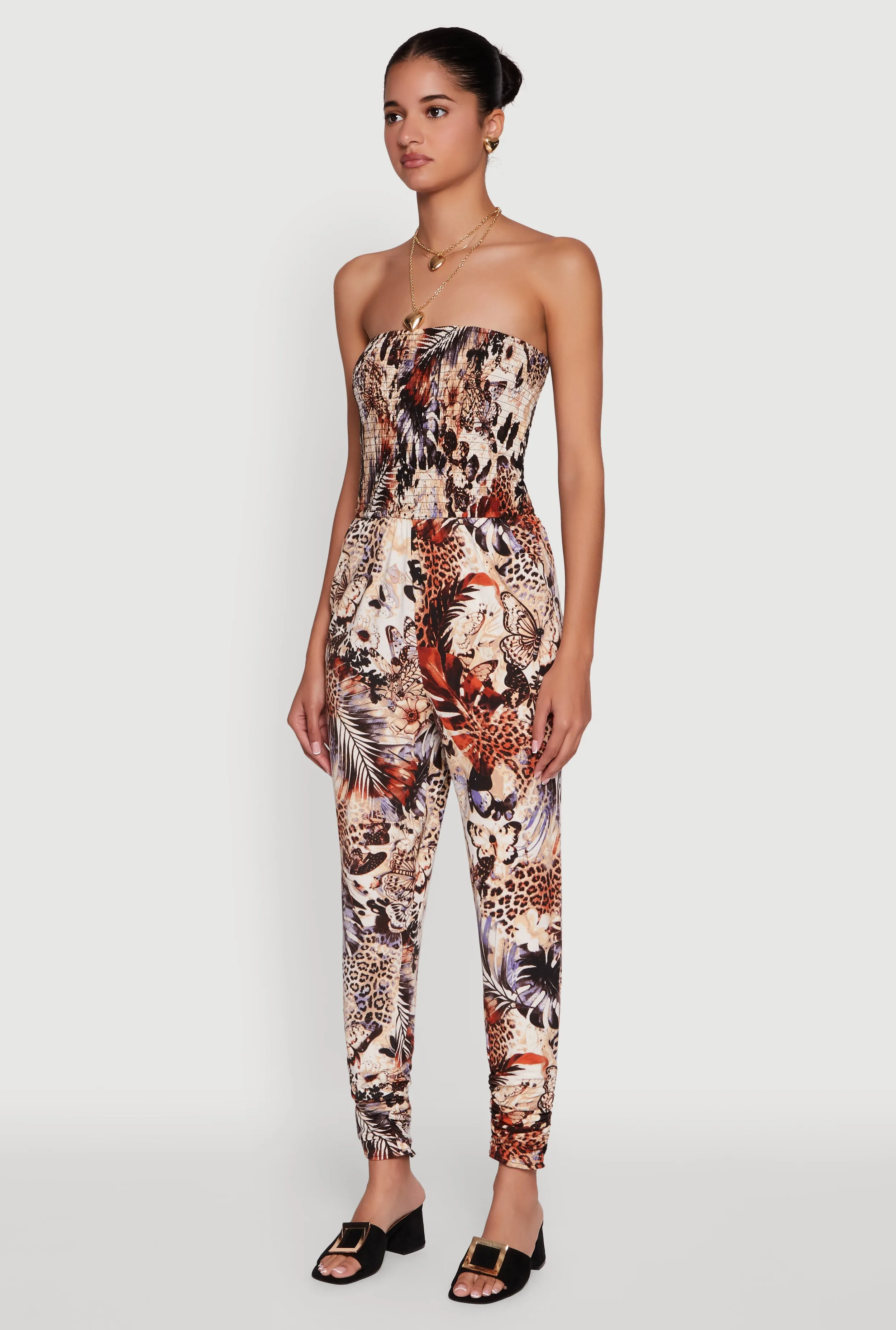 Strapless Animal Leaf Print Smocked Jumpsuit sold by Rainbow product image thumbnail 3